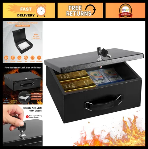 Fireproof Document Box with Key Lock - Large Safe Storage Chest for Valuables, S