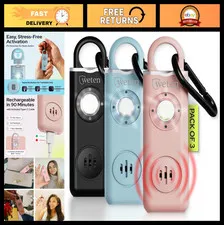 3 Pack Rechargeable Personal Safety Alarm for Women - Black, Pink, Blue - Self-D