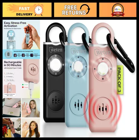 3 Pack Rechargeable Personal Safety Alarm for Women - Black, Pink, Blue - Self-D
