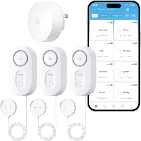 Upgraded Smart Water Leak Detector 1S with 4.92 Ft Cable, 3 Pack | Wifi Water Se