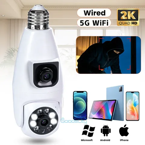 2K 5G Dual Lens WiFi Camera Home Wireless PTZ Home Two-Way Audio Bulb Smart Cam
