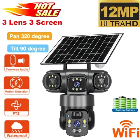 12MP Solar Outdoor Camera 3 Lens PTZ CCTV Night IP66 Vision Wifi Security Camera