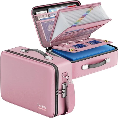 Fireproof Document Box w/ Lock＆Shoulder Strap,Hard Case File Organizer w/ Folder