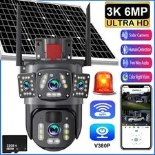 6MP Three Lens Outdoor Solar PTZ Camera WIFI Night Vision Surveillance+32G Card