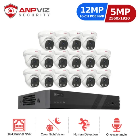 Anpviz 12MP 16CH NVR 5MP POE IP Security Camera System Outdoor Indoor AI Audio
