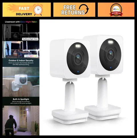 1080p Wi-Fi Smart Home Security Camera 2-Pack, Color Night Vision, Motion Detect