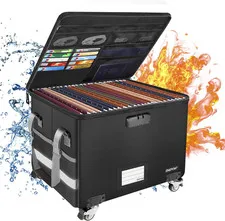 Fireproof Document Box with Wheels, Collapsible File Box with Lock, Rolling File