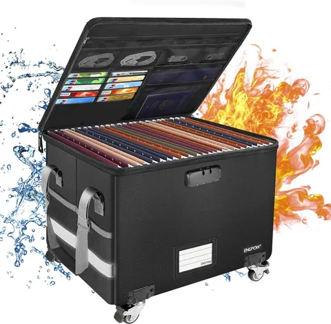 Fireproof Document Box with Wheels, Collapsible File Box with Lock, Rolling File