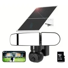 Solar Floodlight Security Camera Wireless Outdoor（64GB SD Card ） 2000LM Spotl...