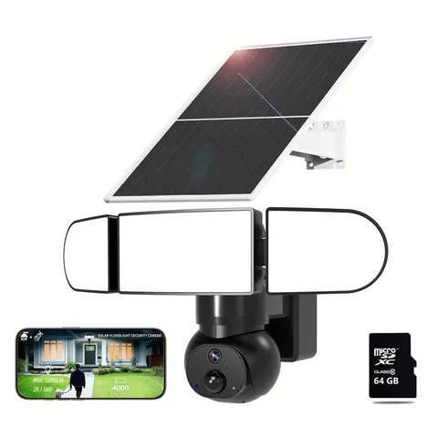 Solar Floodlight Security Camera Wireless Outdoor（64GB SD Card ） 2000LM Spotl...