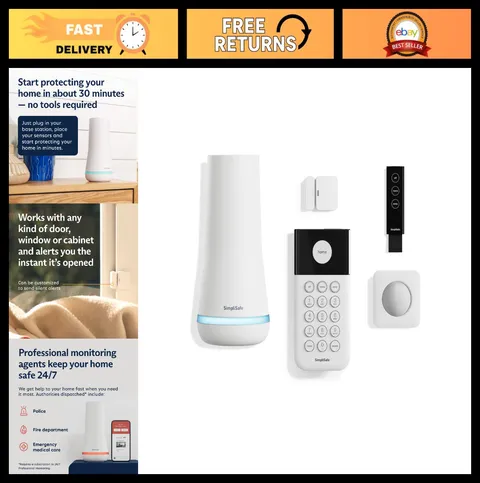Wireless Home Security System - 5 Piece Kit, 24/7 Monitoring, Alexa & Google Com