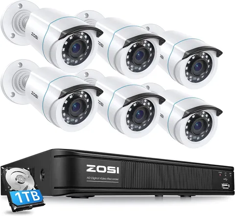 ZOSI 1080p Home Security Camera System H.265+ 5MP Lite 8CH 1TB DVR and 6xCameras