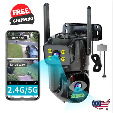 Dual Lens WiFi Security Camera Outdoor, 2.4G/5G PTZ Outdoor Plug-in Camera Auto 
