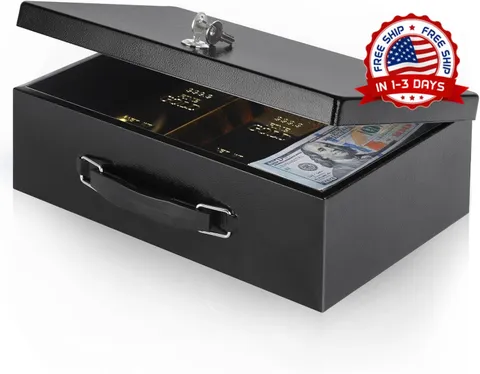 Caja fuerte ignífuga para dinero con cerradura de llave, color negro