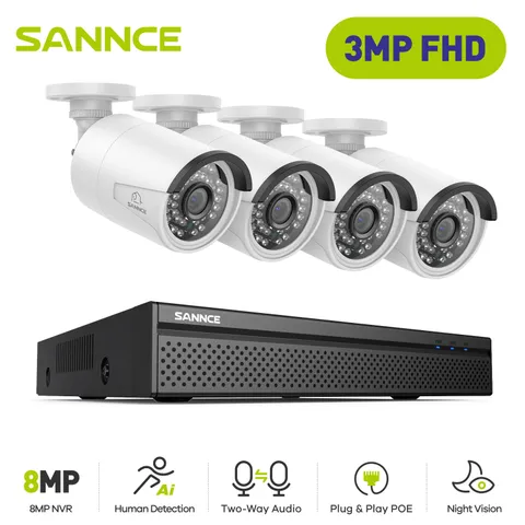 SANNCE 3MP POE Security IP Camera System 4K 8CH NVR 2-Way Audio Human Detection