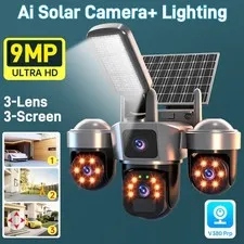 Camara De Seguridad Solar Exterior WiFi 3 Lentes PTZ V380 Pro Calle Luz Led 9MP