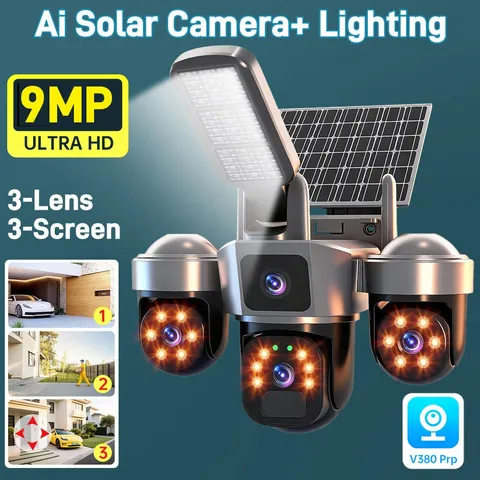 Camara De Seguridad Solar Exterior WiFi 3 Lentes PTZ V380 Pro Calle Luz Led 9MP