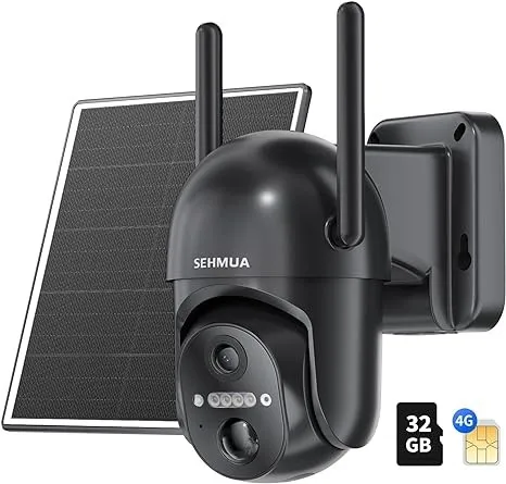 SEHMUA 4G LTE Cellular Solar Security Camera Wireless Outdoor No WiFi - BLACK