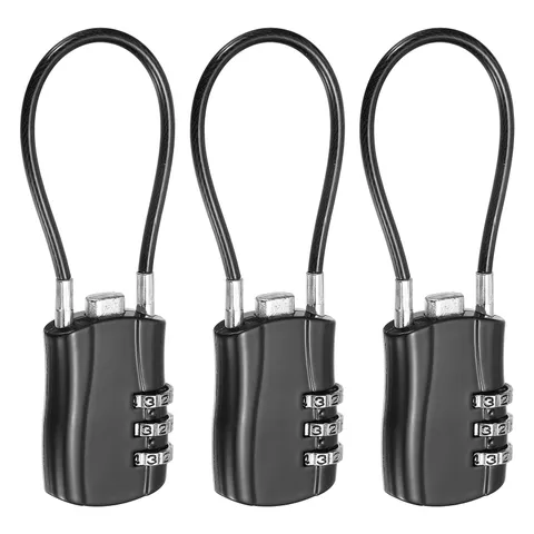 3-Digit Combination Padlock with Coated Steel Wire Rope (5.3 Inch, Black) (3Pcs)