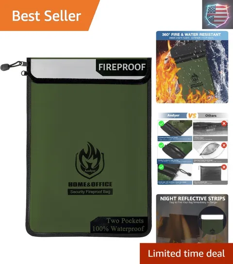 Upgraded Two Pockets Fireproof Document Bag 2000℉, 15”x 11”Waterproof Firepro...
