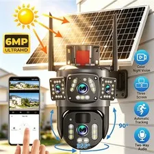 Dual Lens Solar PTZ Security Camera 6MP 3-Screen IP66 WiFi Pan/Tilt Outdoor Cam