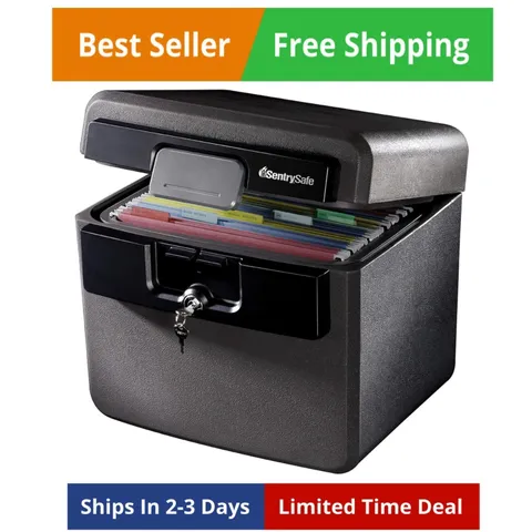 Black Fireproof and Waterproof Safe, File Folder and Document Box with Key Lo...