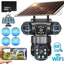 9MP HD 3-Lens Solar Camera Wireless WiFi Solar Power Security Camera 10X Zoom