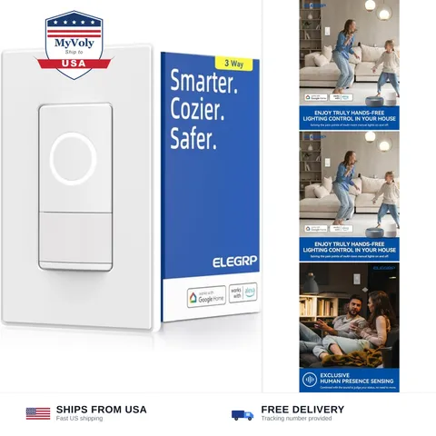 ELEGRP Smart Motion Sensor Switch, 2.4GHz Wi-Fi 3 Way Light Switch Compatible...