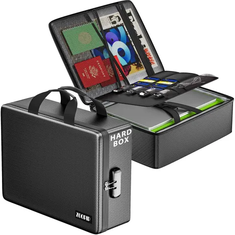 Fireproof Document Box with Lock, Hard-Shell File Organizer, Black | Water-Re...