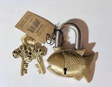 Handmade Vintage Style Fish shape Brass Padlock with 2 Keys New