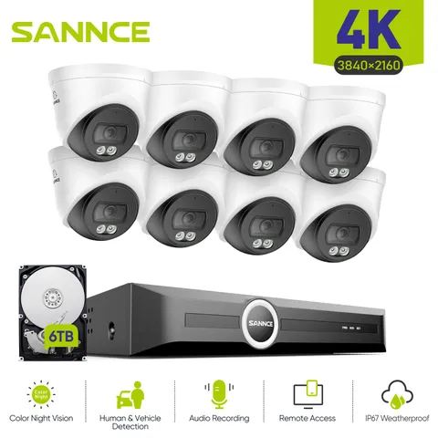 SANNCE 8CH NVR 4K Audio Recording POE IP Security Camera System Color Night IP67