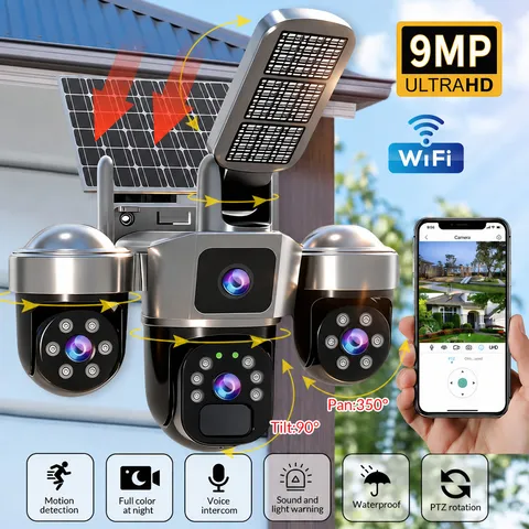 WiFi 9MP Solar Powered 3-Lens PTZ Security Camera 360 Degree Surveillance Camera