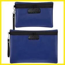 2 Pcs Fireproof Document Bag with Lock, Waterproof Money Pouch,Blue