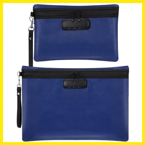 2 Pcs Fireproof Document Bag with Lock, Waterproof Money Pouch,Blue