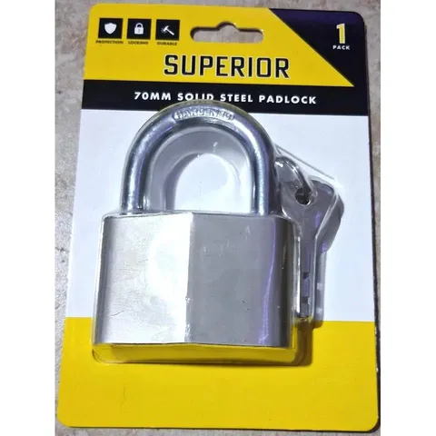 Superior 70mm Solid Steel Padlock – Hardened Shackle, Weather Resistant