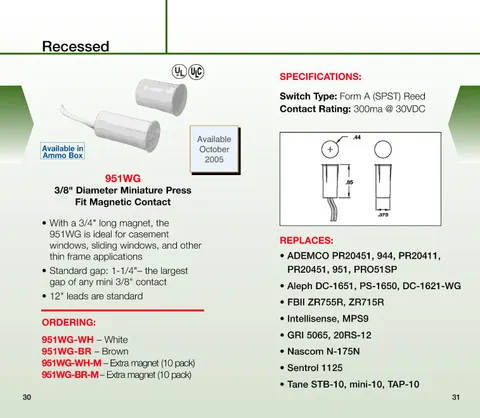 Honeywell 951WG-WH - 3/8 in Diameter Miniature Press Fit Magnetic Contact, White