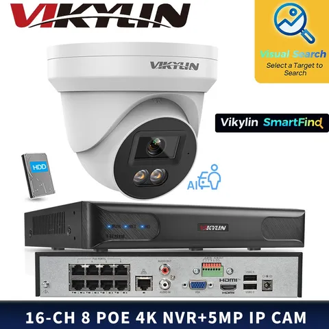Vikylin Smartfind 8POE 16CH NVR CCTV System 24H Color MIC 5MP Mini IP Camera Lot
