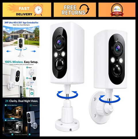 2K Wireless Outdoor Security Cameras, 355° Pan, Battery Powered, Color Night Vis