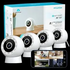 Set of 4 LaView Indoor/Outdoor 2K HD Smart Security Video Cameras w/ 2 Way Audio