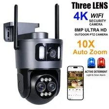 8MP Three Lens 4K WiFi Security Camera 10X Zoom Color Night Vision CCTV PTZ IP66