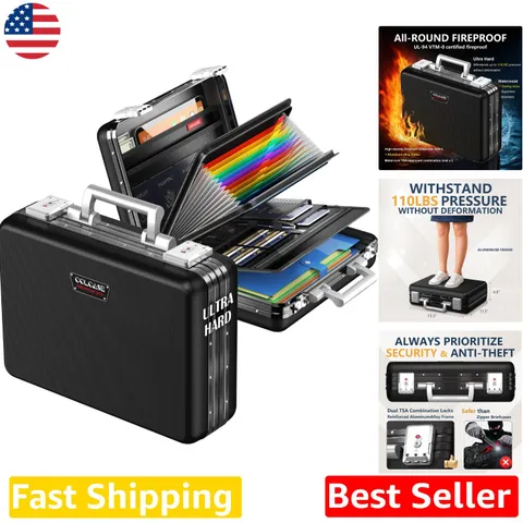Fireproof Document Box TSA Lock Large Capacity Black Aluminum Frame Hard Case