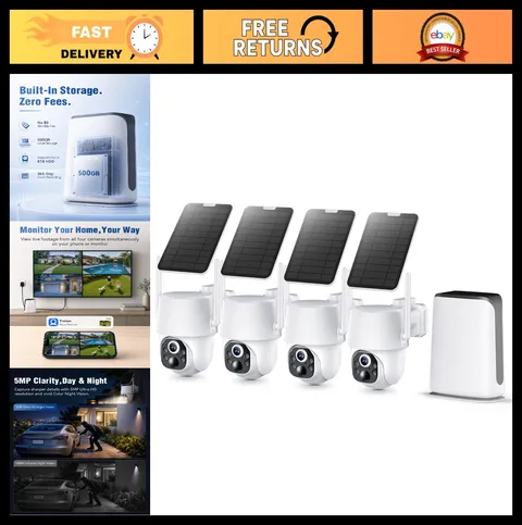 5MP Wireless Solar Security Camera System, 4-Cam Kit, NVR, 500GB HDD, Color Nigh