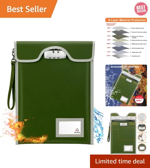 Secure Travel Document Holder - Fireproof, Water-Resistant, Olive Drab 15”x11”