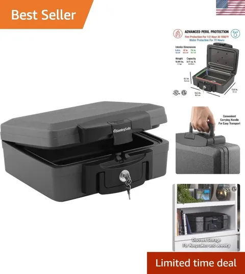 Fireproof & Waterproof Portable Safe - Key Lock, Black 14.3"x13"x6.1"