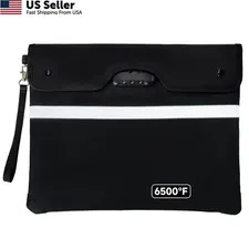 Fireproof Document Bag with Lock, 15x12 in Waterproof 15 x 12 inches, Black