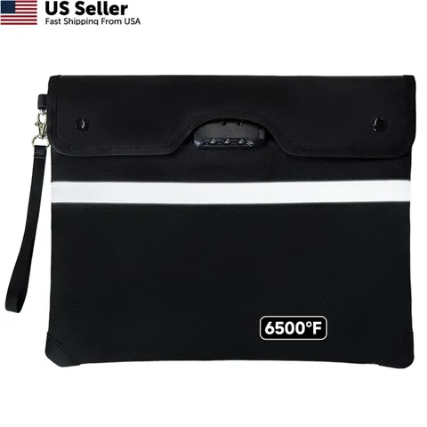 Fireproof Document Bag with Lock, 15x12 in Waterproof 15 x 12 inches, Black