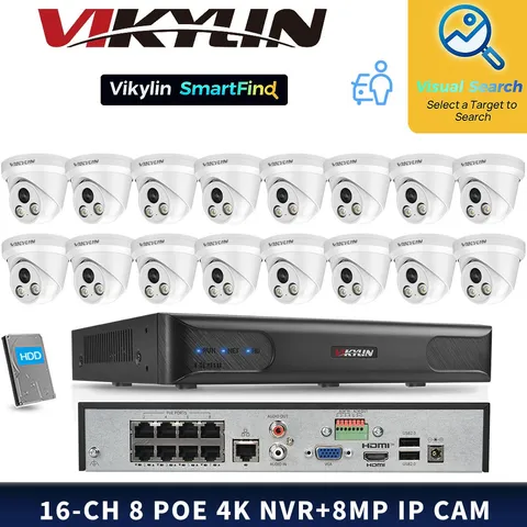 VIKYLIN SmartFind 8POE 16CH NVR Dual light Color  8MP 4K IP Camera Kit Lot