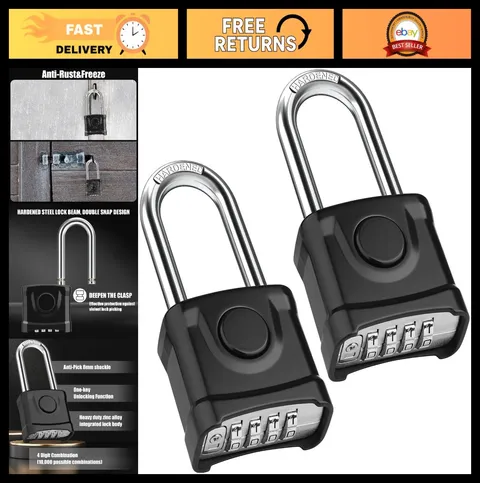 2 Pack Heavy Duty Outdoor Padlocks, 4 Digit Combination, Anti-Pick Shackle, Gara