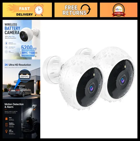 Wireless Outdoor Security Cameras, 2K HD Home Surveillance, Night Vision, Motion