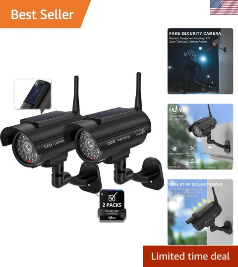 Solar Powered Fake Security Camera, Red Light & Antenna, 2 Pack, Black | Dumm...